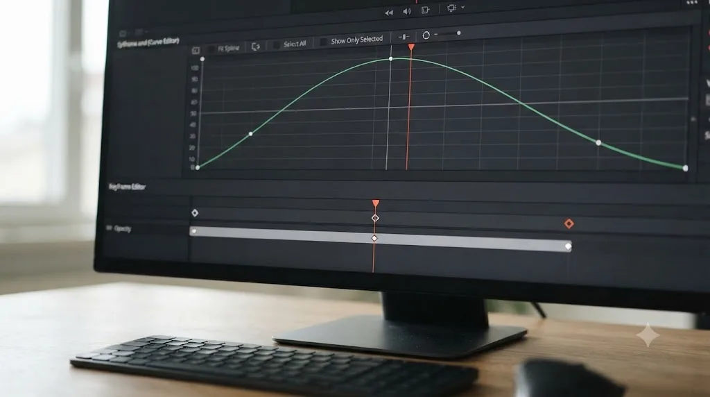 Illustration comparing a DaVinci Resolve Curve Editor graph against a Keyframe Editor timeline track for the same animation