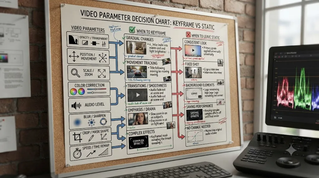 Illustration of a decision chart comparing video parameters worth keyframing against ones better left static