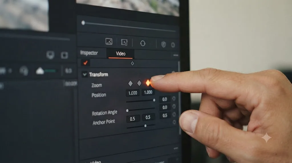 Illustration of a hand clicking a gray keyframe diamond button in the DaVinci Resolve Inspector, turning it orange