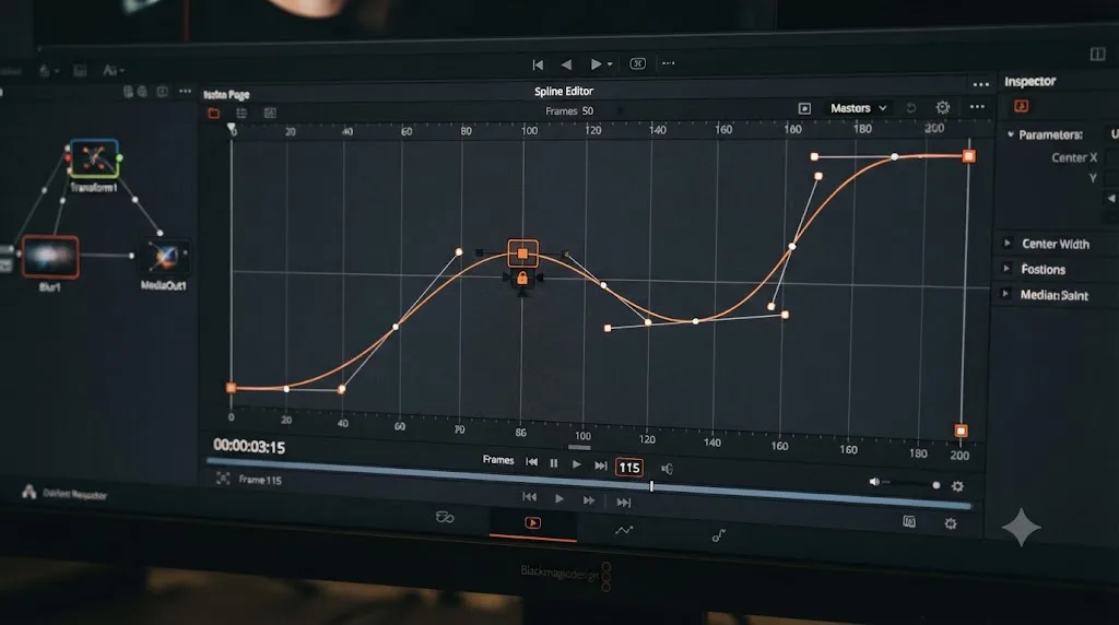 Illustration of a Fusion Spline Editor showing locked and unlocked control points on an animation path