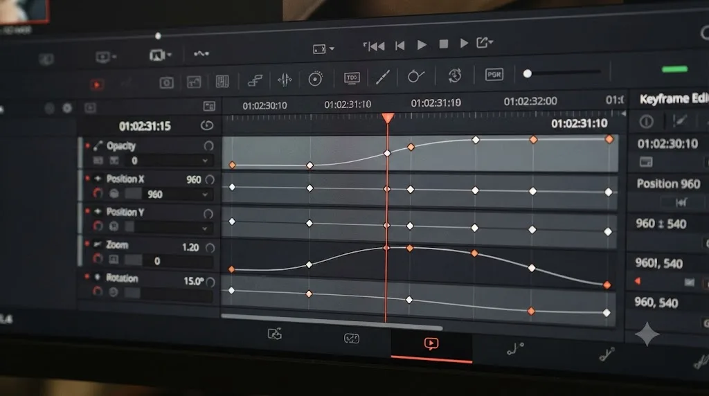Illustration of a DaVinci Resolve Keyframe Editor panel with multiple parameter tracks and keyframe markers