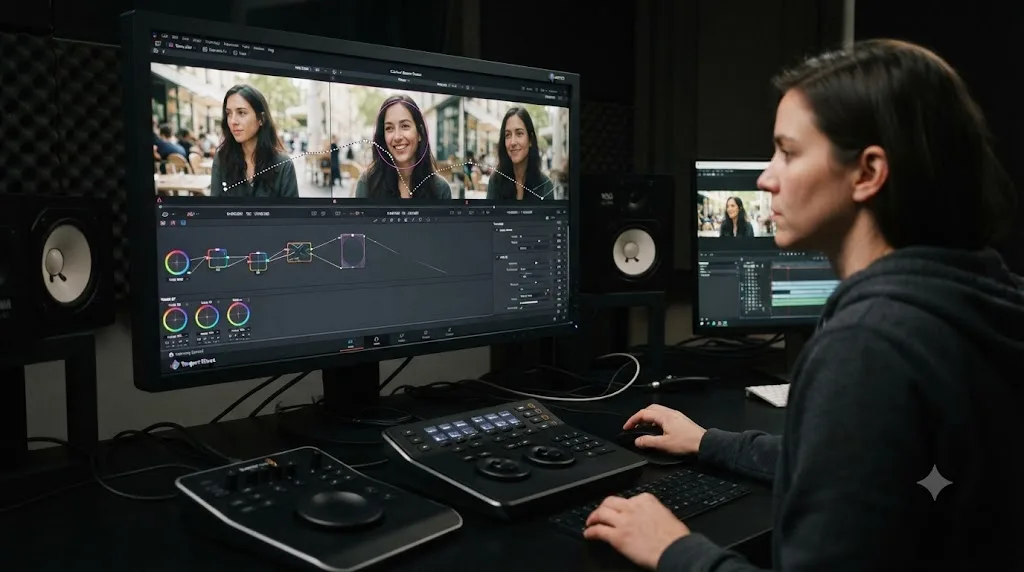 Illustration of a DaVinci Resolve Power Window mask tracking a subject's face across several frames using keyframes