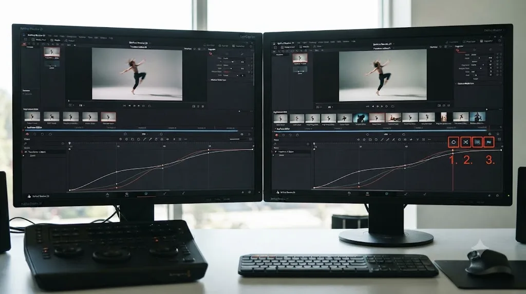 Illustration comparing a DaVinci Resolve 20 keyframe editor against a DaVinci Resolve 21 version with new looping animation modes