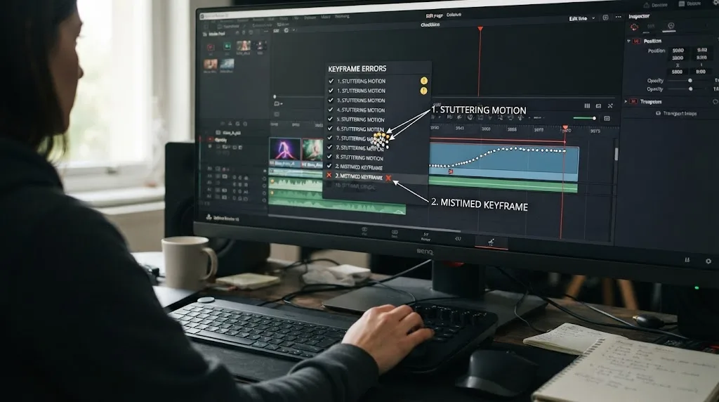 Illustration of a checklist overlay on a video timeline highlighting common keyframing mistakes