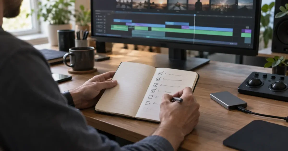 Illustration of a beginner turning a DaVinci Resolve tutorial into a finished video project