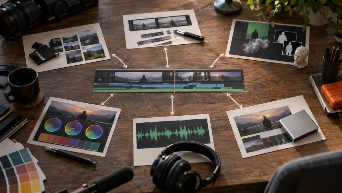 Illustration of the DaVinci Resolve pages working as stages in one learning workflow