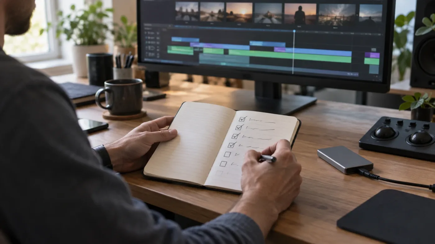 Illustration of a beginner moving from a DaVinci Resolve tutorial to a blank practice project