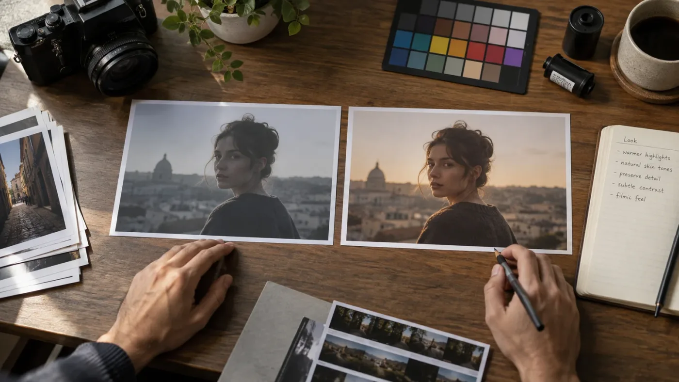 Illustration of a before and after color correction decision in DaVinci Resolve