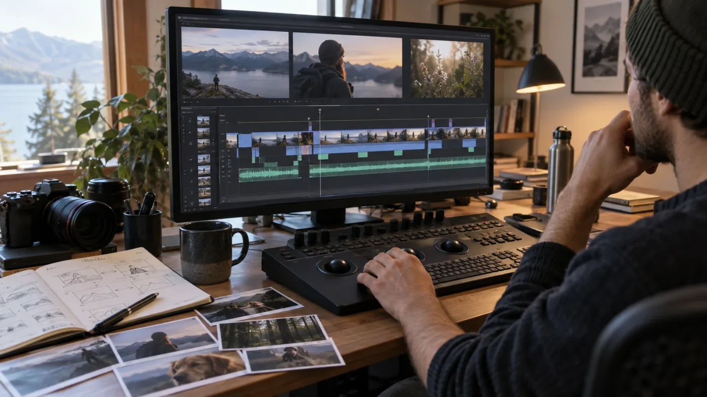Illustration of a rough cut with story markers for a DaVinci Resolve project