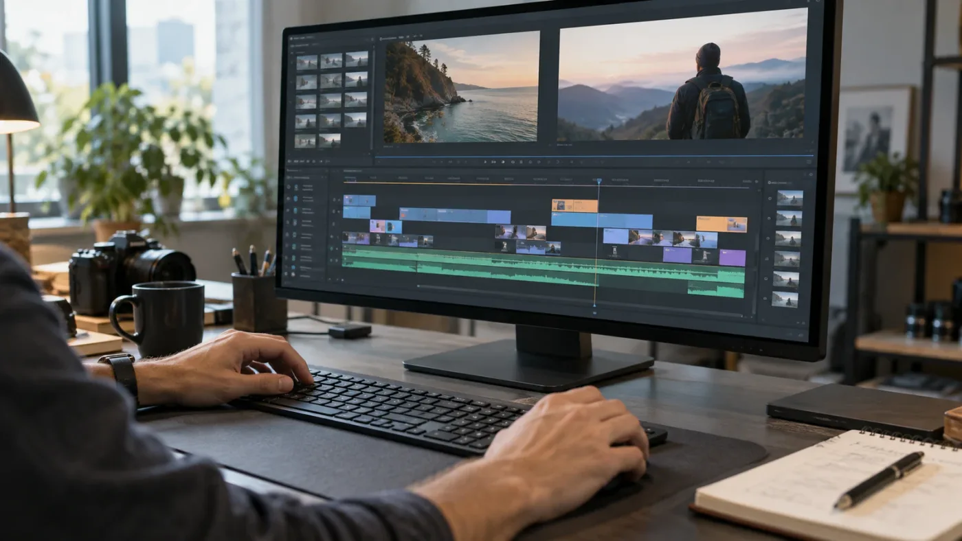 Illustration of learning assistance and editing automation compared around a DaVinci Resolve timeline