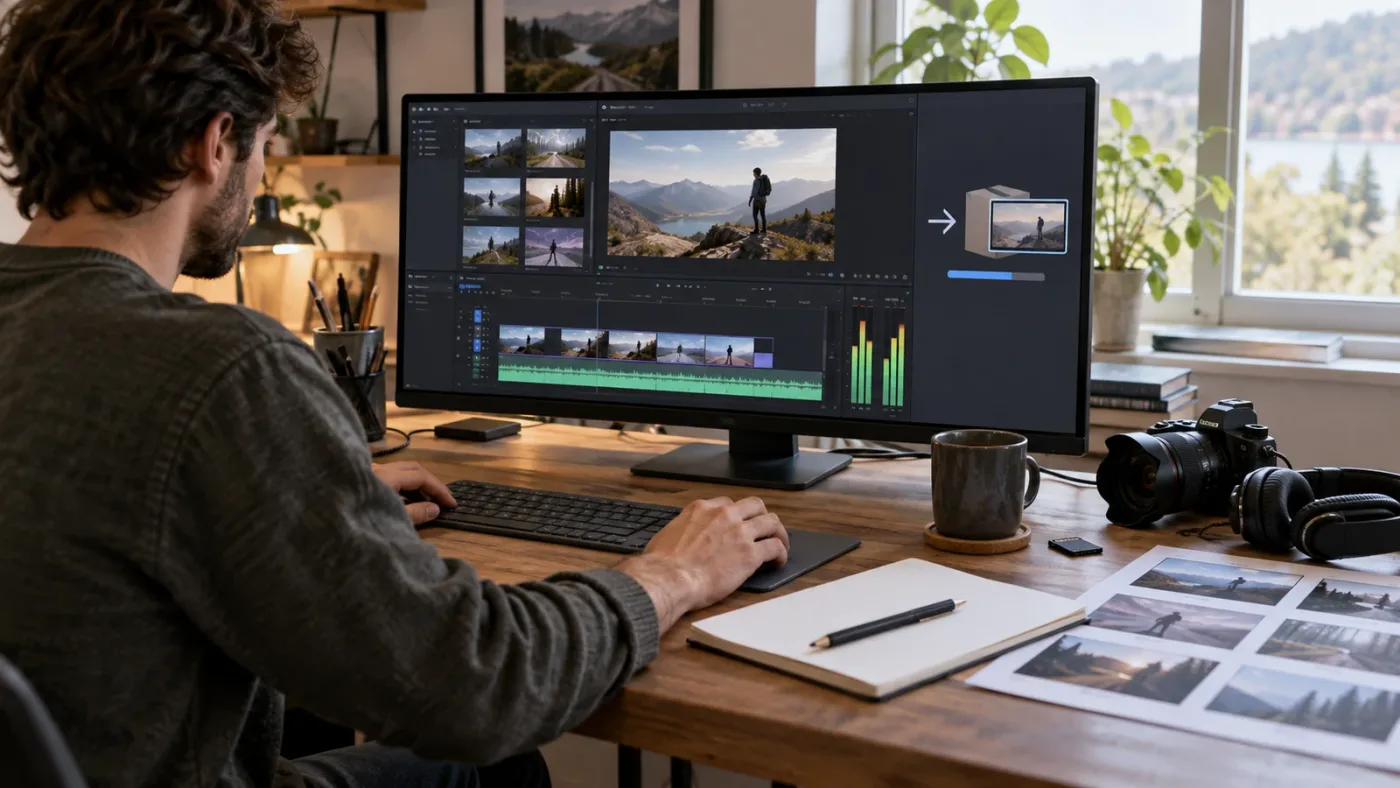 Illustration of a small end-to-end DaVinci Resolve project moving from media to delivery