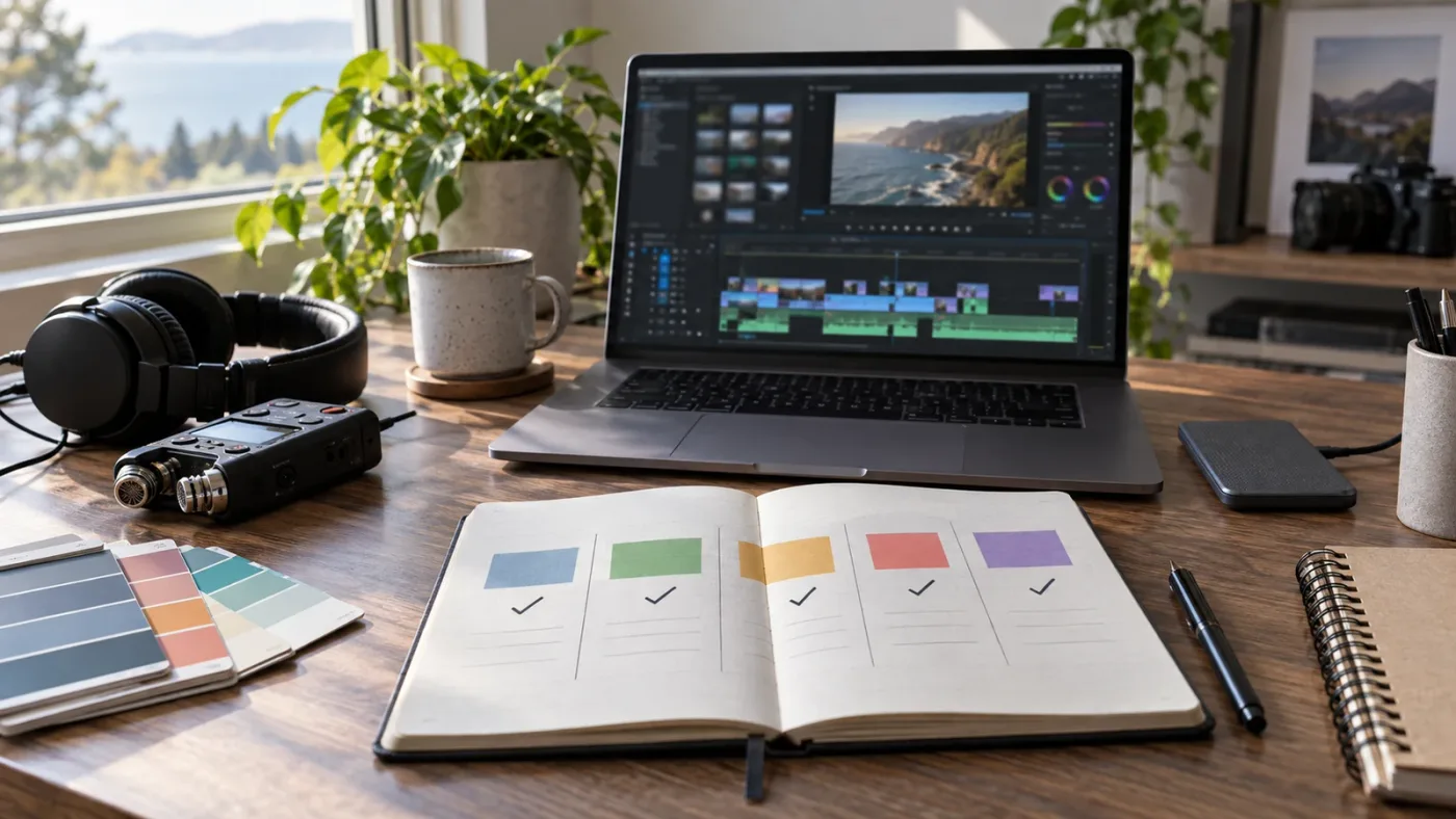 Illustration of a five-session DaVinci Resolve practice calendar for a small video project