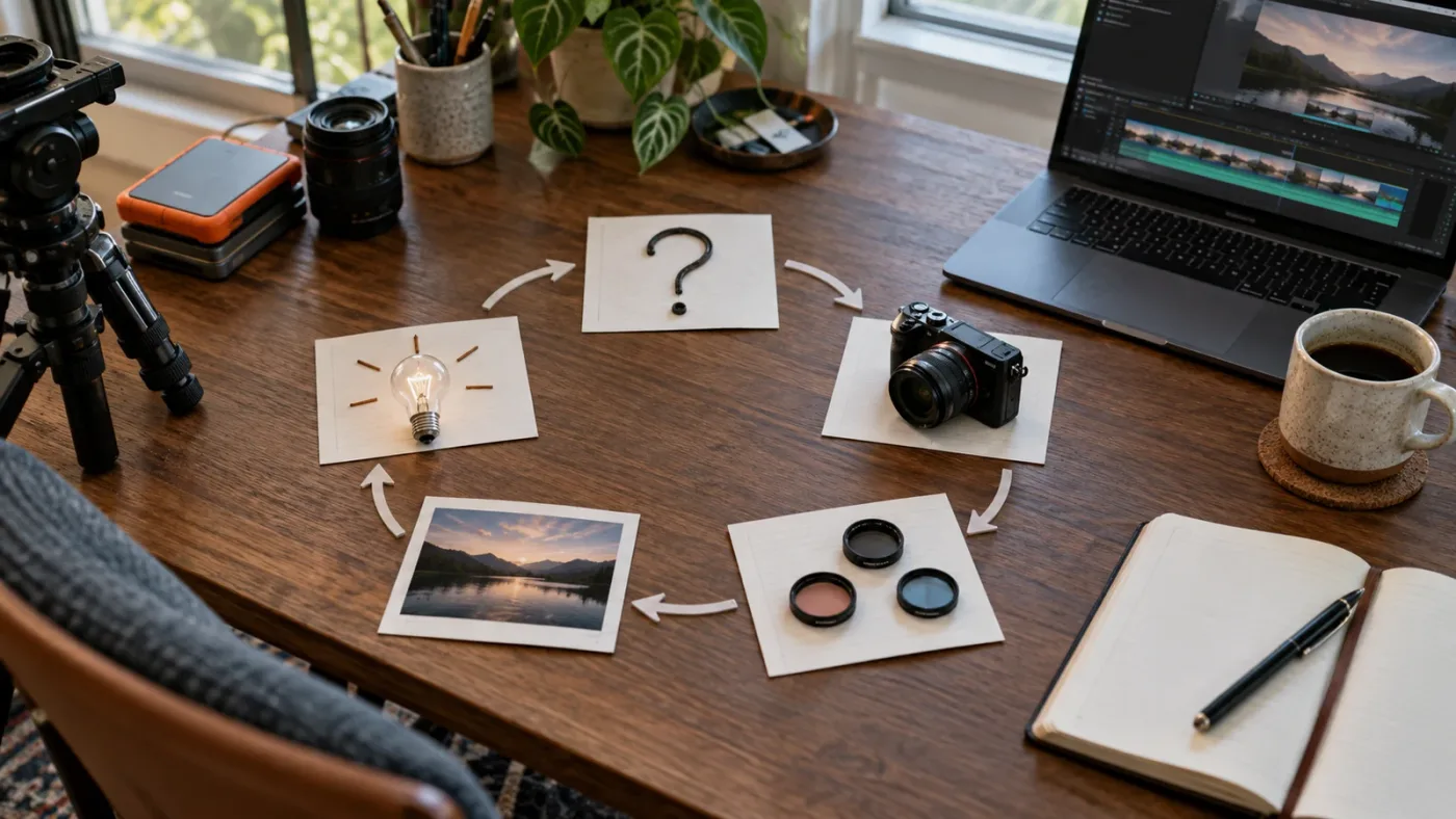 Illustration of a five-step DaVinci Resolve practice loop from question to finished variation