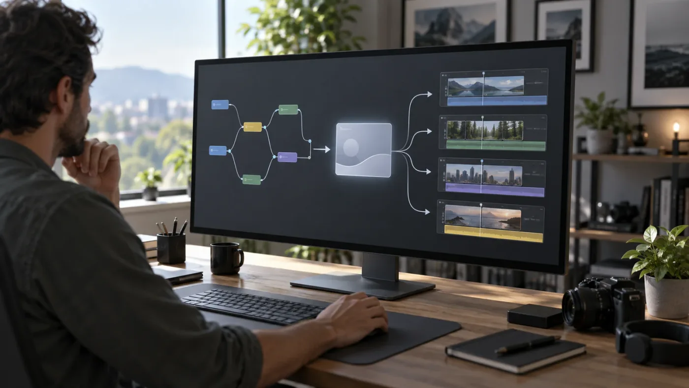 Illustration of a Fusion node tree becoming a reusable DaVinci Resolve template