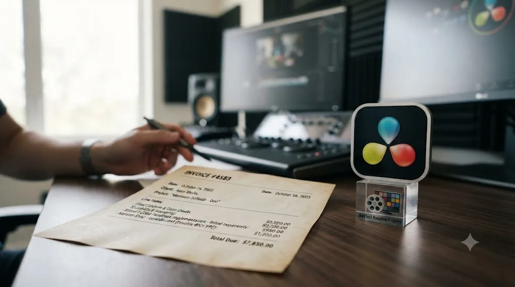 Illustration of an invoice showing separately billed revision rounds and outside costs next to a DaVinci Resolve project icon