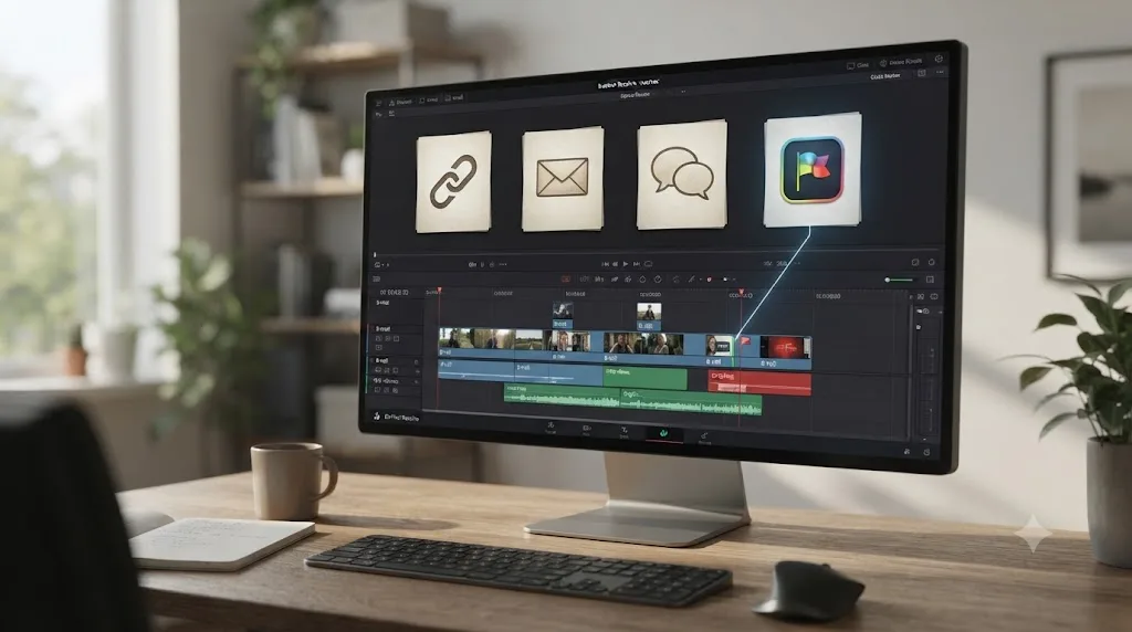 Illustration comparing four client feedback channels next to a DaVinci Resolve timeline, showing which one connects directly to markers