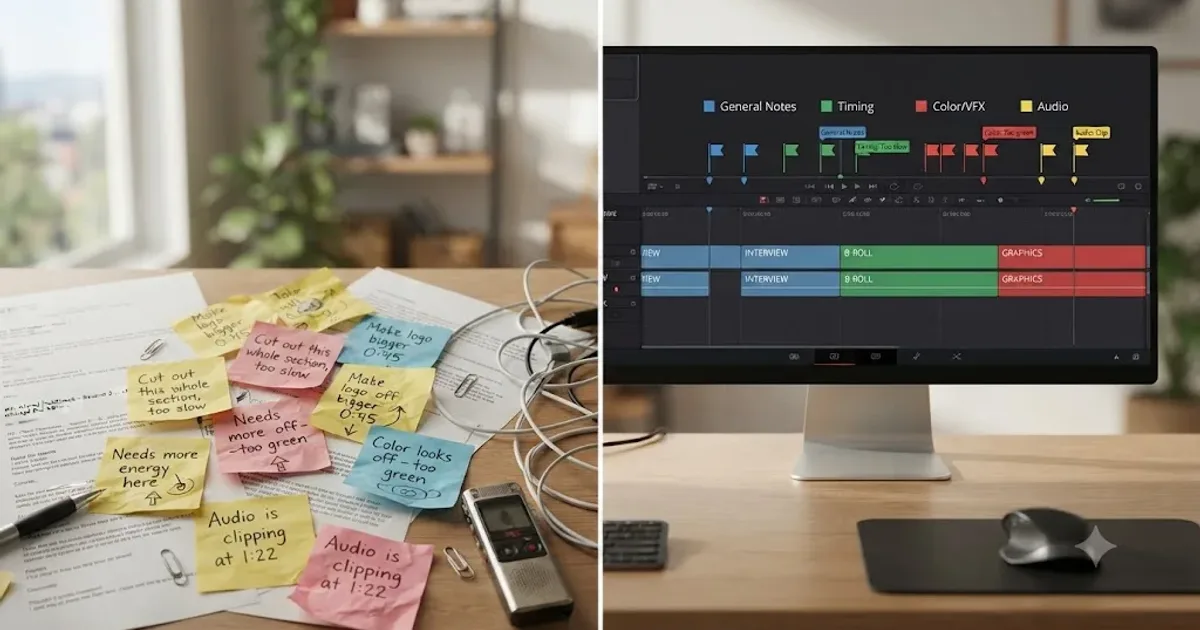 Illustration of a DaVinci Resolve timeline with color-coded client feedback markers next to a stack of labeled revision round folders