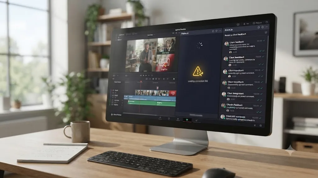 Illustration of a DaVinci Resolve Frame.io panel showing a connection warning next to an actively working alternative review plugin panel