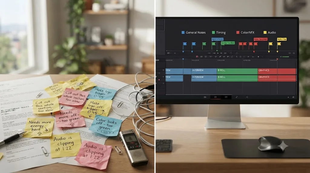 Illustration of scattered client feedback notes next to an organized DaVinci Resolve timeline with color-coded markers