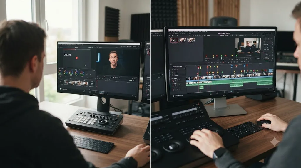 Illustration of a person watching a DaVinci Resolve tutorial on one screen while applying it to a real client project on another