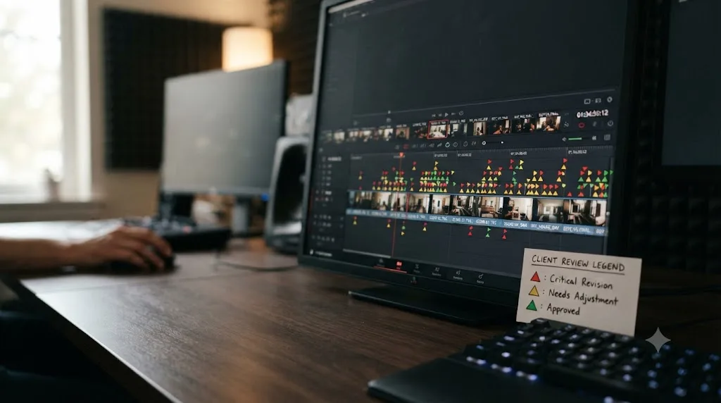 Illustration of a DaVinci Resolve timeline with red, yellow, and green client review markers next to a legend card explaining each color