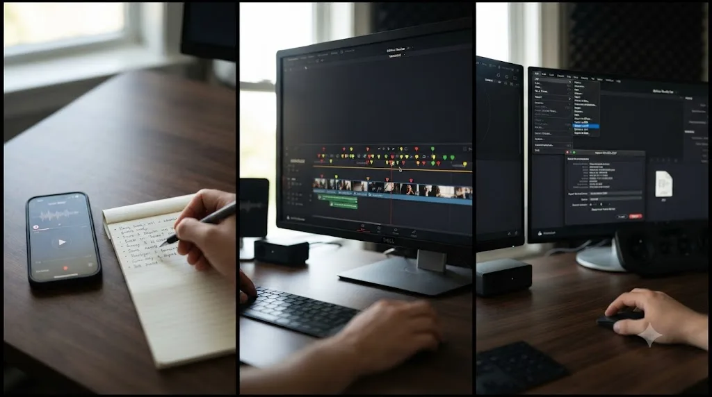 Illustration of a client voice memo being transcribed, placed as DaVinci Resolve markers, and exported as a CSV record