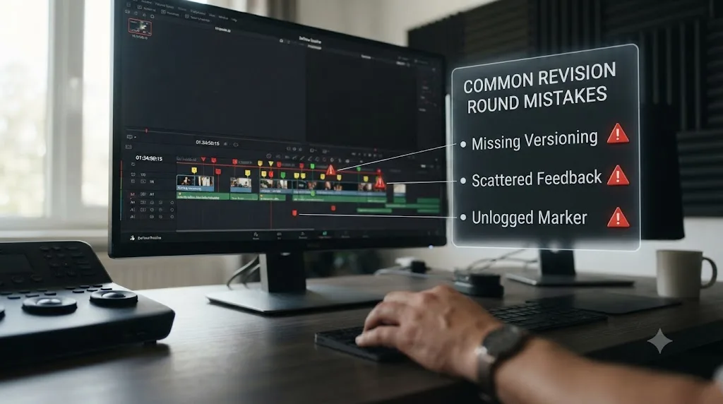 Illustration of a mistakes checklist next to a DaVinci Resolve timeline with warning icons on common revision round errors