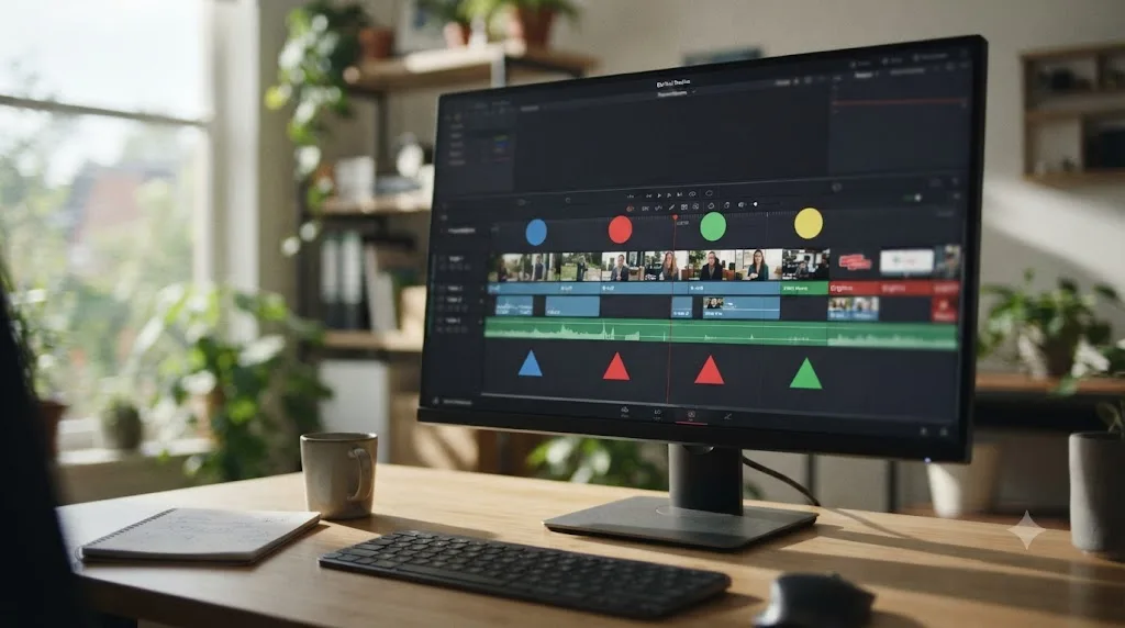 Illustration of a DaVinci Resolve timeline showing circular Presentations markers in different colors above standard triangular markers