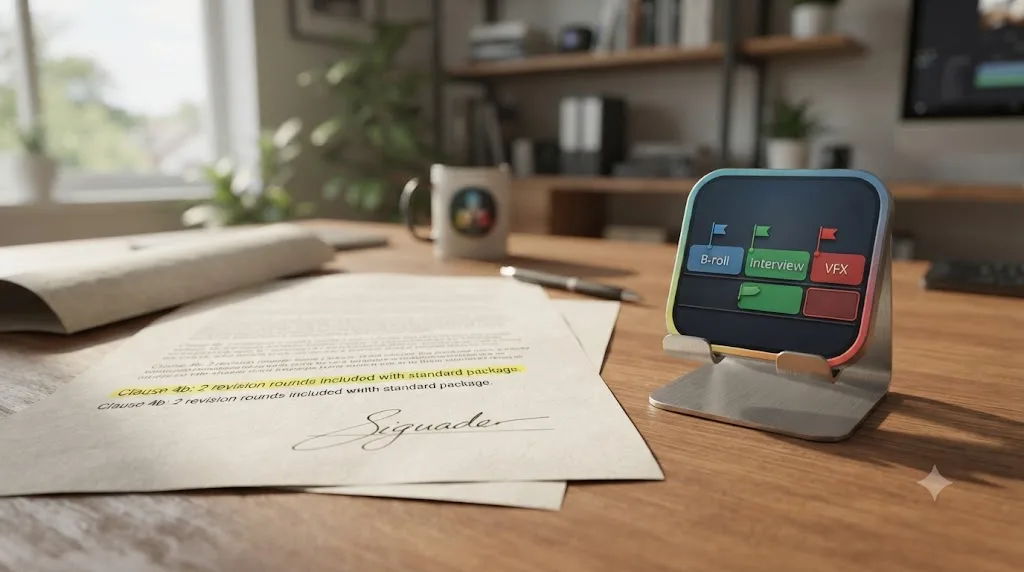 Illustration of a contract with a highlighted revision rounds clause next to a DaVinci Resolve timeline icon