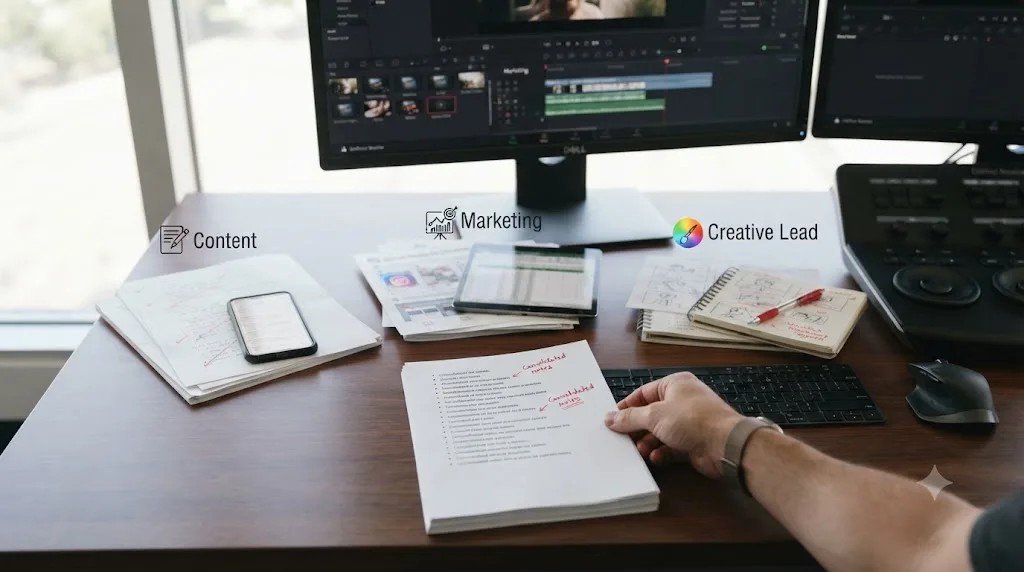 Illustration of three stakeholder feedback streams funneling into one consolidated set of notes before reaching a DaVinci Resolve editor