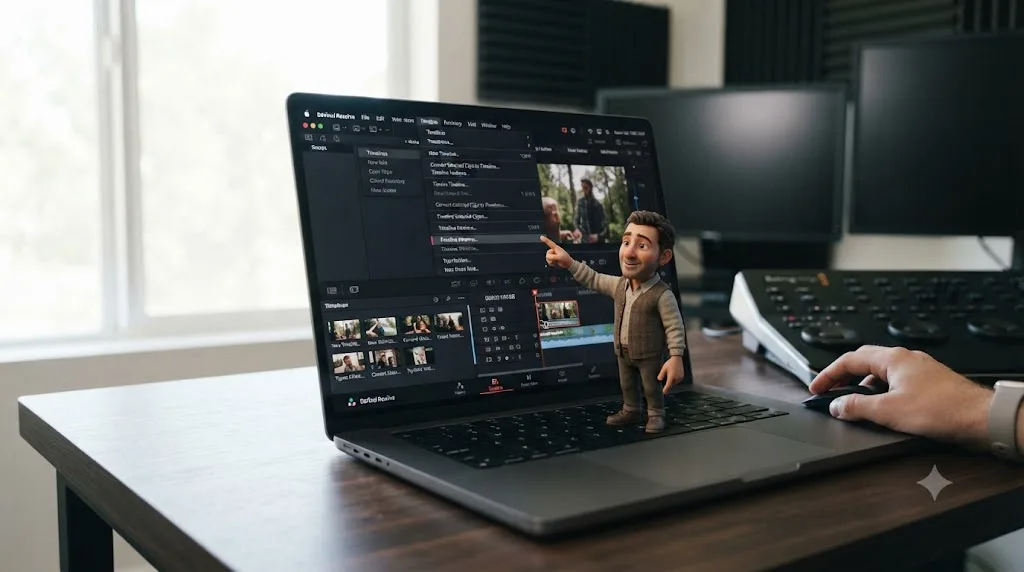 Illustration of the TryUncle assistant pointing at the timeline version dropdown inside DaVinci Resolve on a Mac screen