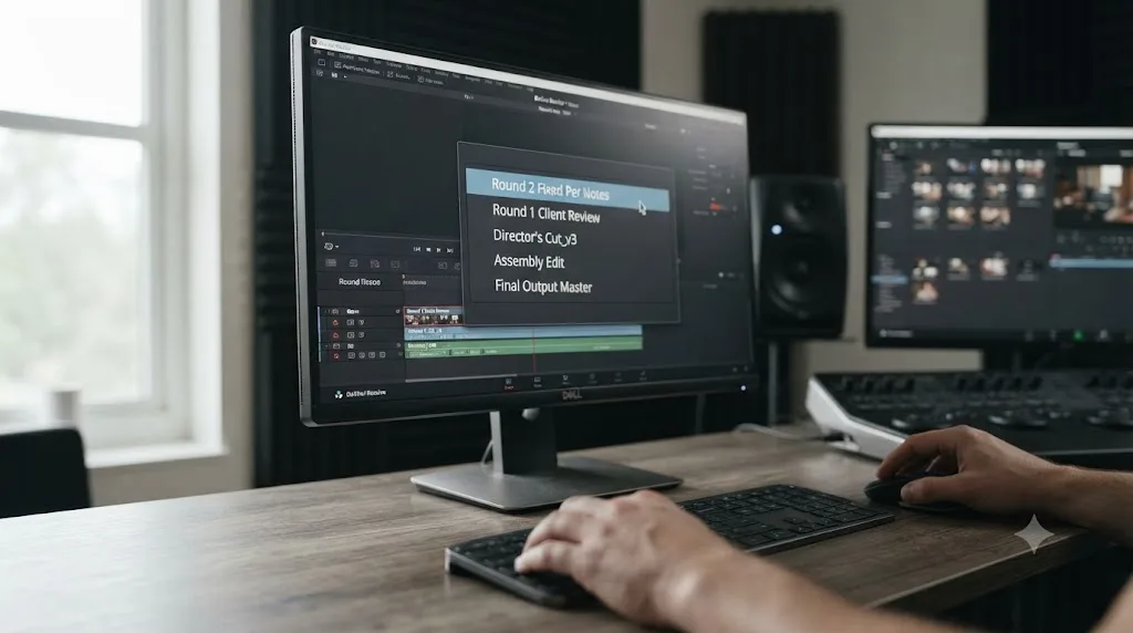 Illustration of a DaVinci Resolve timeline version dropdown showing named versions for different client revision rounds