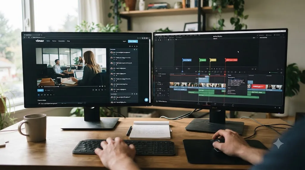 Illustration comparing a Vimeo Review page with sortable comments to a DaVinci Resolve timeline where the same notes are manually added as markers
