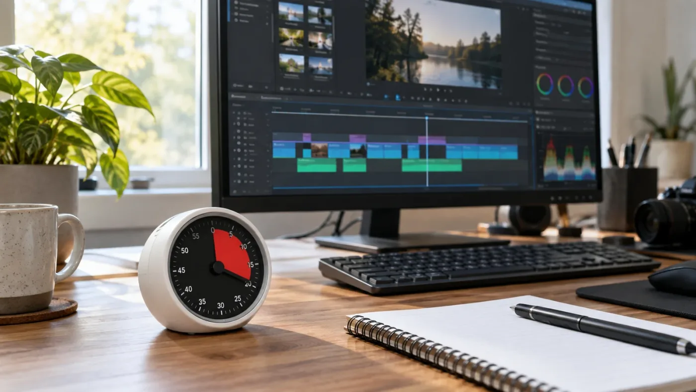 Illustration of a 20-minute DaVinci Resolve micro-practice session with one focused timeline task