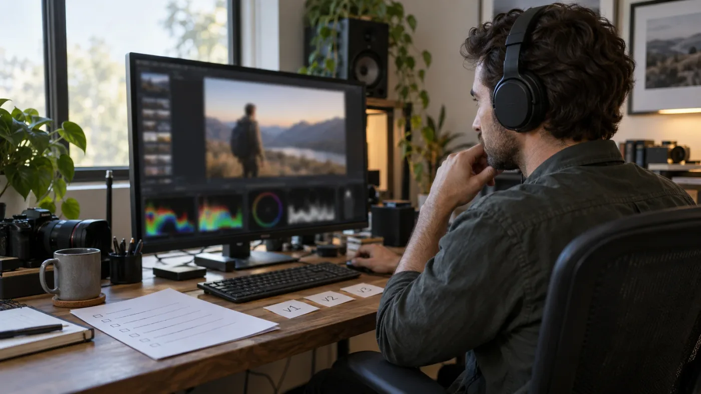 Illustration of an editor reviewing a DaVinci Resolve export with version labels and a delivery checklist