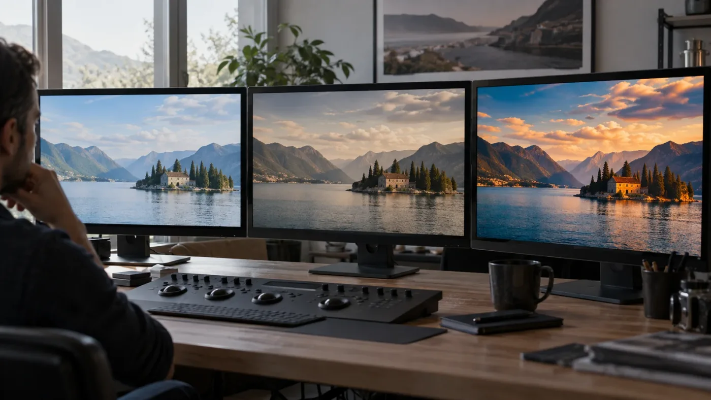 Illustration of three DaVinci Resolve color grade variations for a deliberate practice exercise