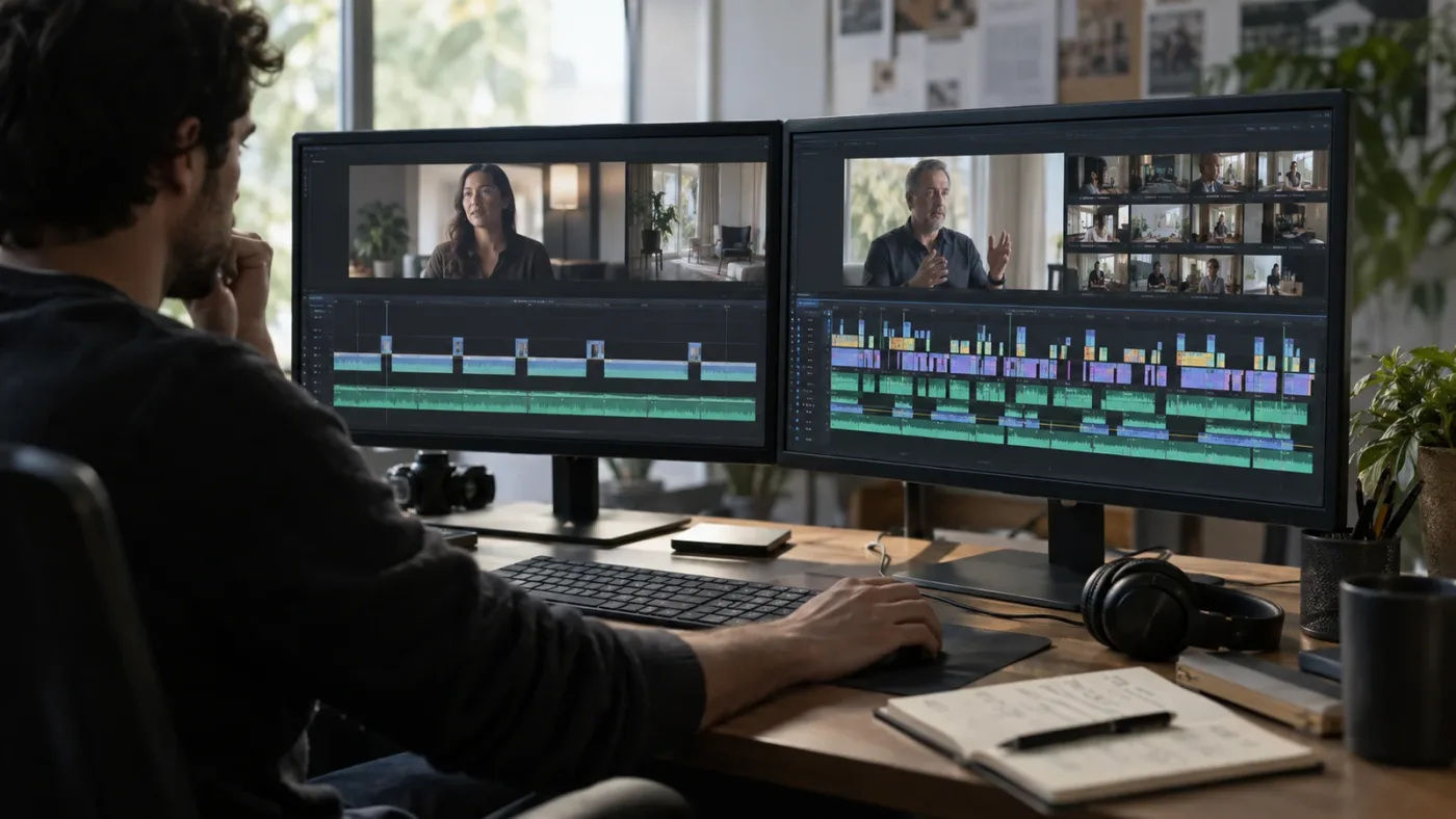 Illustration of two DaVinci Resolve edit versions built from the same interview footage