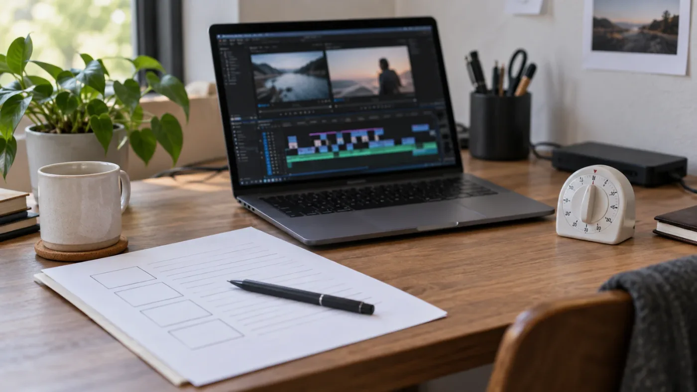 Illustration of a compact DaVinci Resolve practice brief beside an editing timeline and timer