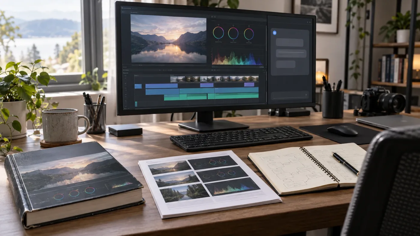 Illustration of a DaVinci Resolve practice scorecard with evidence beside exported project versions