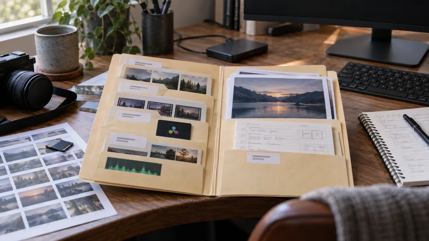 Illustration of a labeled DaVinci Resolve practice project folder with media, exports, and notes