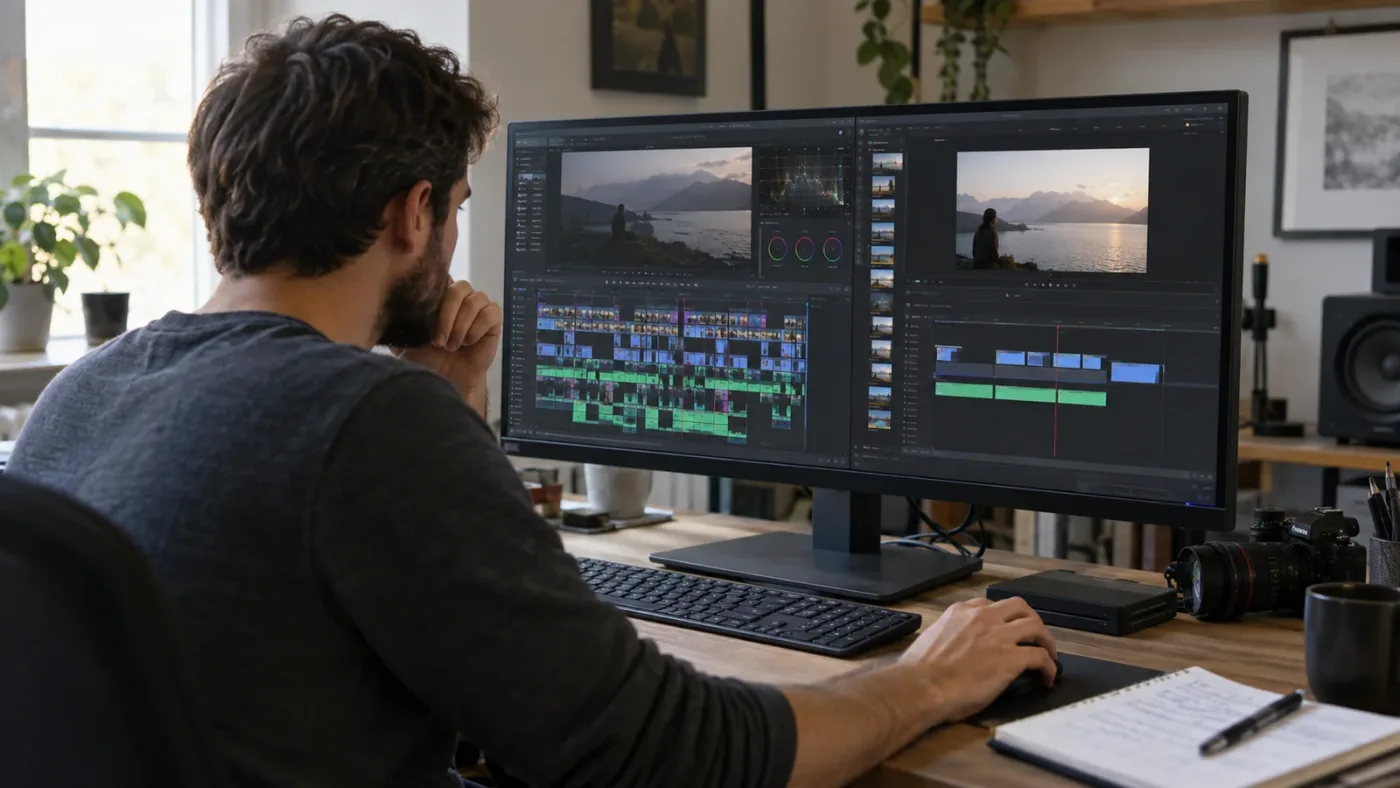Illustration of an editor isolating a stuck DaVinci Resolve timeline into a smaller diagnostic project