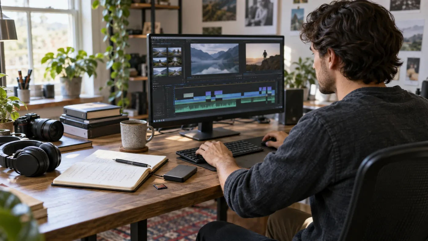 Illustration of an editor moving from DaVinci Resolve training into a self-directed practice project