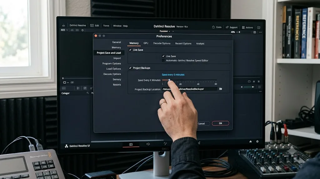 Illustration of DaVinci Resolve's Project Save and Load preferences with Live Save and a shortened backup interval being configured