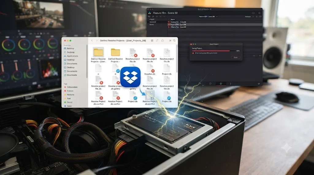 Illustration of a cloud-sync client writing conflicting files into a DaVinci Resolve database folder while the app tries to save, causing corruption