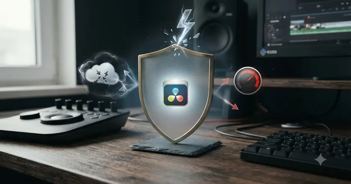 Illustration of a DaVinci Resolve project database protected inside a shield while cloud-sync icons, a power plug, and a nearly full hard drive hover nearby as threats