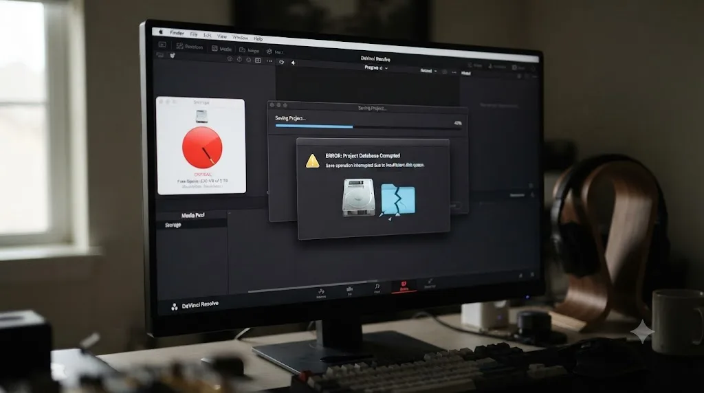 Illustration of a hard drive running low on free space interrupting a DaVinci Resolve project save and corrupting the database