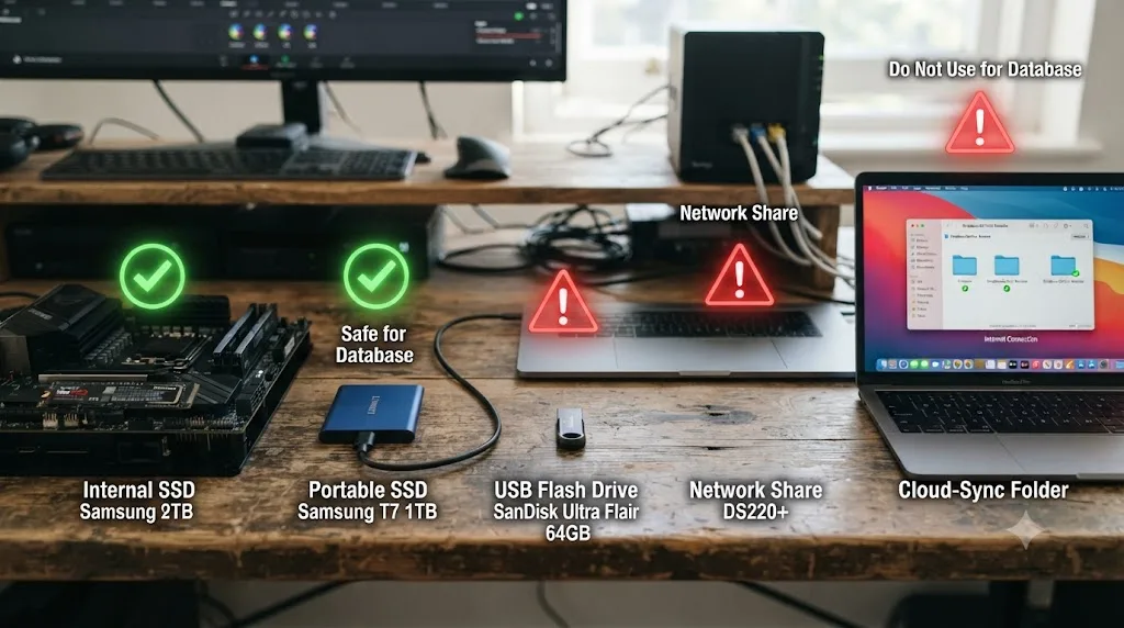 Illustration comparing internal, external, USB, network, and cloud-sync drives as locations for a DaVinci Resolve project database