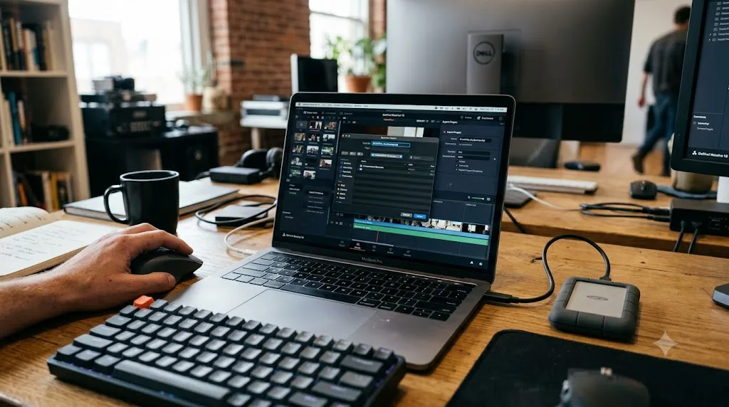 Illustration of a small DaVinci Resolve .drp project file being exported outside the main database as an independent backup