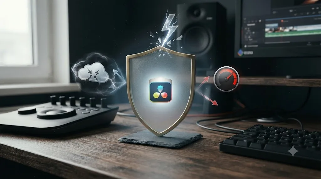 Illustration of a DaVinci Resolve project database protected inside a shield from cloud-sync, power loss, and disk space threats