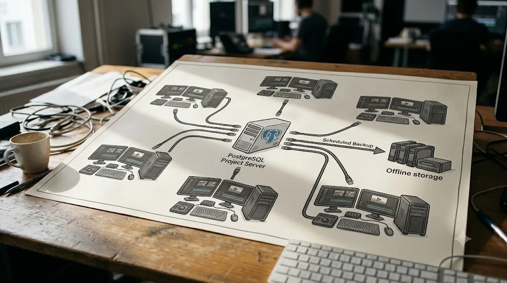 Illustration of a PostgreSQL Project Server connecting multiple DaVinci Resolve workstations with a separate scheduled database backup